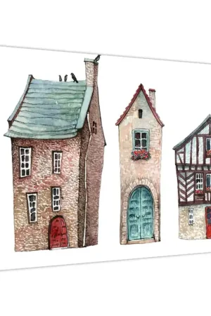 Schilderij - Aquarel huizen Szybka dostawa