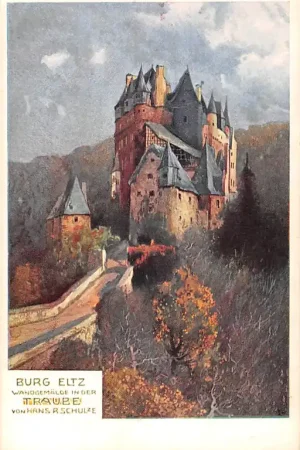 Duitsland Schloss Burg Eltz Wierschem Mayen-Koblenz Illustrator Hans R. Schulze 1927 Kasteel Deutschland Europa HC59381 Bezpieczna płatność