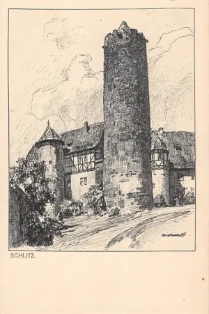 Duitsland Schlitz Hessen Vogelsbergkreis Schloss nach Federzeichnung von Prof. Dr. Otto Ubbelohde Kasteel Deutschland Europa HC59245 Zwrot pieniędzy