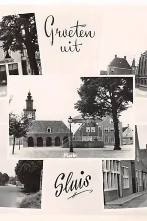 Sluis (ZL) Groeten uit 1951 Molen Nieuwstraat Kaai R.K. Kerk Herv. Kerk Dinsdagstraat Markt Zeeuws-Vlaanderen HC46829 Autentyczny