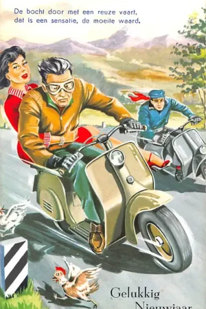 Oryginalny Fantasie Humor De bocht door met een reuze vaart .. Scooter rijders met vriendin achterop Vintage Gelukkig Nieuwjaar HC46536