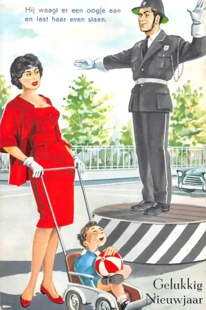 Fantasie Humor Hij waagt er een oogje aan en laat haar even staan Verkeersagent bewondert jonge moeder Vintage Gelukkig Nieuwjaar HC46535 Wysoka jakość