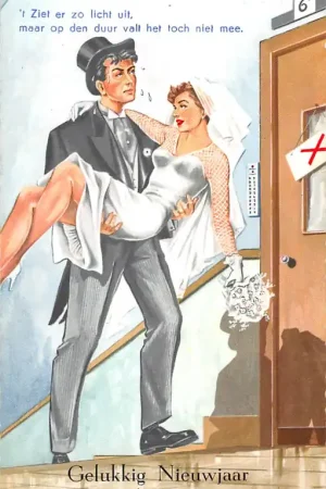 Fantasie Humor 't Ziet er zo licht uit, maar .... Bruidegom tilt bruid over de drempel Vintage Gelukkig Nieuwjaar HC46534 Oferta limitowana