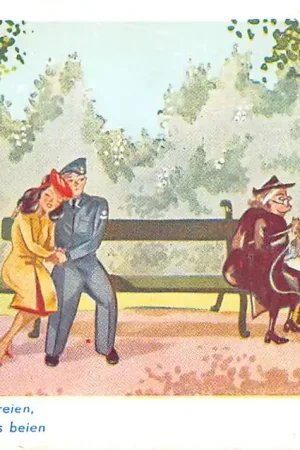 Bezpieczna płatność Militair Soldaat met geliefde op bankje Ga toch ergens anders breien .. Humor Cartoon Illustrator H. Baumgarten C45820