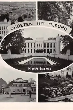 Tilburg Groeten uit 1948 Nieuwe Stadhuis Station Bosscheweg Engelsche Tuin hoek'Stationsstraat HC45785 Oryginalny