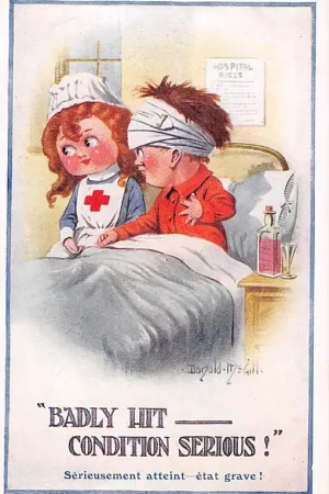 Fantasie Badly hit - Condition serious! Verpleegster en patiënt Illustrator Donald McGill Kind HC45262 Tylko dziś