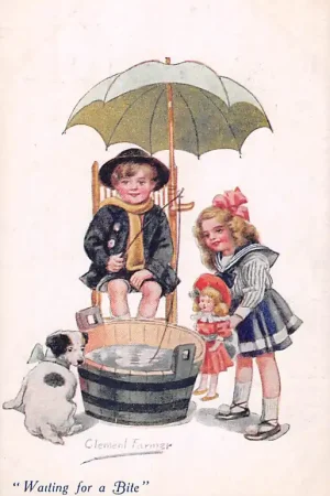 Fantasie Vintage Waiting for a Bite Jongen vist in wastobbe Meisje met pop en hond Illustrator Clement Farmer Kind HC45227 Wysoka jakość
