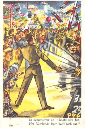 Tani Militair Ik demonstreer op 't hoofd van Jut Het Neerlands leger heeft toch fut!! 1962 Kermis Cartoon Humor HC44763