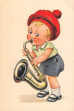 Fantasie Vintage Kind Meisje met saxofoon Muziek HC44261 Darmowa dostawa