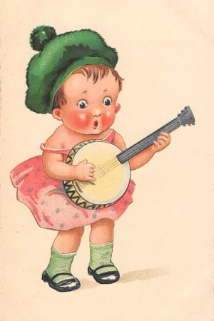 Autentyczny Fantasie Vintage Kind Meisje met banjo Muziek HC44259