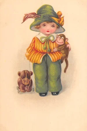 Fantasie Vintage Kind Meisje met aapje en speelgoed hond HC44257 Ekspresowa dostawa