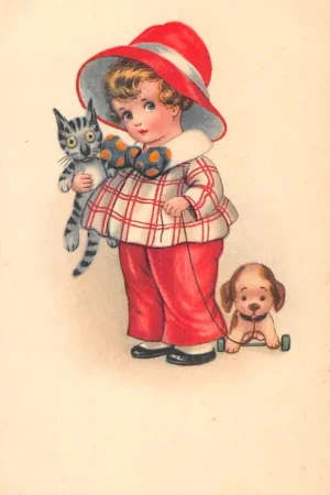 Fantasie Vintage Kind Meisje met poes en speelgoed hond HC44256 Tylko dziś