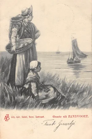 Autentyczny Zandvoort aan Zee Moeder en kind in klederdracht op uitkijk in de duinen Vintage 1903 HC43595