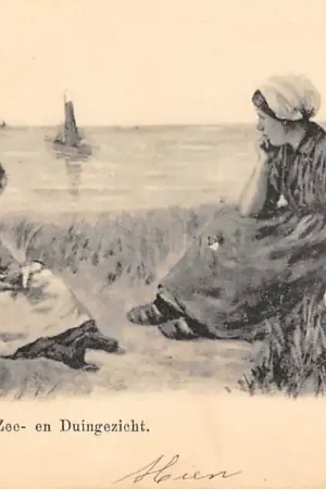 Zandvoort aan Zee Zee- en Duingezicht Moeder en kind in klederdracht Vintage 1904 HC43593 Tylko dziś