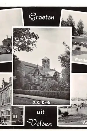 Velsen Groeten uit met Papierfabriek Kerkweg met Gemeentehuis R.K. Kerk Aankomst v.d. Pont en Wandelpark bij het Pompstation HC42760 Popularny