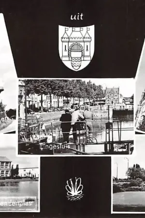 Gorinchem Groeten uit 1960 Eendenplas met school Koren molen Lingesluis Paardenwater en St. Janstoren HC42902 Szybka dostawa