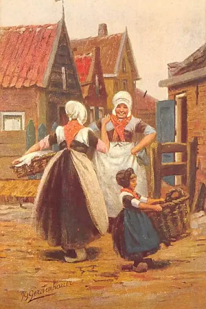 Fantasie Vintage Vissersvrouwen en kind in klederdracht Illustrator Gerstenhauer HC42164 Autentyczny