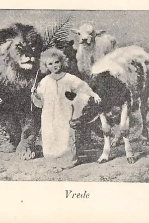 Zamów teraz Fantasie Vintage Vrede Kind met palmtak Leeuw Lam Koe Kameel en Vos 1900 HC39826