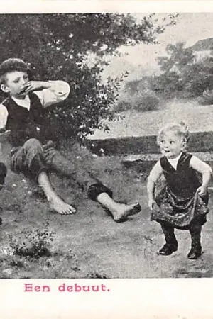 Fantasie Vintage Een debuut 1902 Jongens kijken naar dansende peuter Kind HC39824 Wyprzedaż