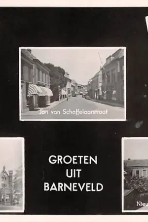 Barneveld Groeten uit 1953 Standbeeld Jan van Schaffelaar en - straat Herv. kerk Kasteel Nieuwstraat met Gemeentehuis HC39788 Wyprzedaż