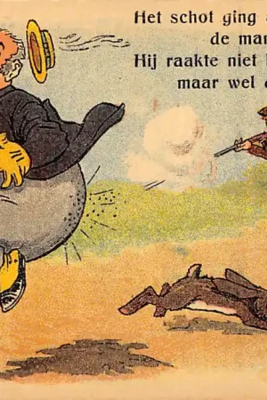 Fantasie Vintage Humor Illustrator Donald McGill Het schot ging af; de man werd haast gek, Hij raakte niet het beestje maar wel de gevoelige plek Illustrator Donals Mcgill Cartoon HC38979 Ekspresowa dostawa