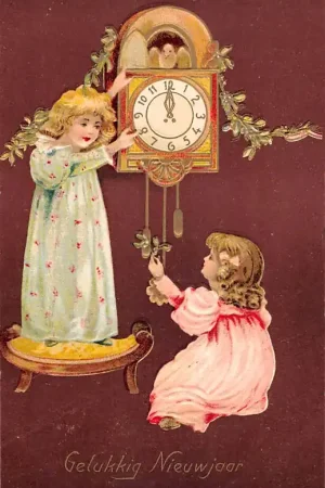 Fantasie Vintage Gelukkig Nieuwjaar Reliëfkaart Meisjes bij de klok Kind HC38881 Ekspresowa dostawa