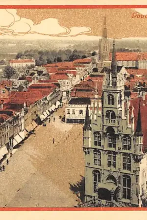 Gouda in Vogelvlucht 1914 Markt met Stadhuis en Waag HC38387 Ostatnia szansa
