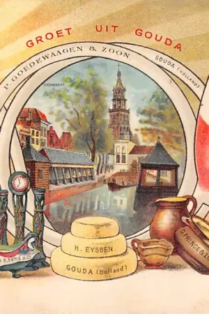 Gouda Groet uit 1904 met Visbanken op de Gouwe Reclame Goudse Producten 1900 Goedewaagen Pijpen \\u2013 E. Estie Plateelbakkerij Zuid-Holland en G. Prince Plateelfabrieken \\u2013 H. Eyssen Kaas \\u2013 Kon. Stearine Kaarsen fabriek \\u2013 Gebr. Kamphuizen Siroopwafels en Sprits \\u2013 Goudsche Machinale Garenspinnerij \\u2013 Melk- en boterfabriek HC38365 Darmowa dostawa