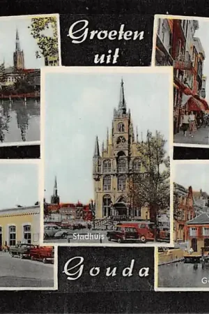 Gouda Groeten uit 1960 Hattensingel met veer pont Station Stadhuis Hoogstraat Gouwe met Visbank HC38362 Tani