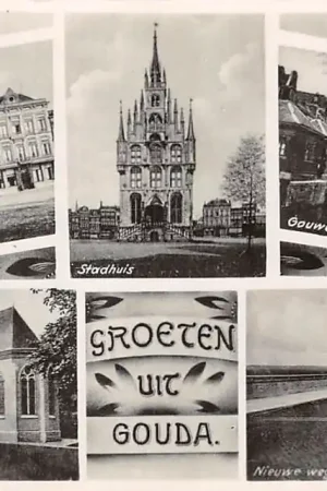 Gouda Groeten uit 1955 Nieuwe weg naar Rotterdam Gouwe met vischbanken Nieuwe Kapel St. janskerk Waag Stadhuis HC38360 Bezpieczna płatność