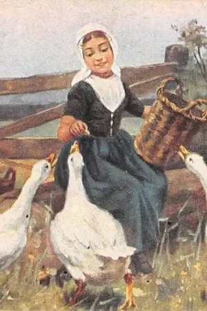 Fantasie Vintage Meisje in klederdracht voedert ganzen Illustrator Gerstenhauer HC34495 Zamów teraz