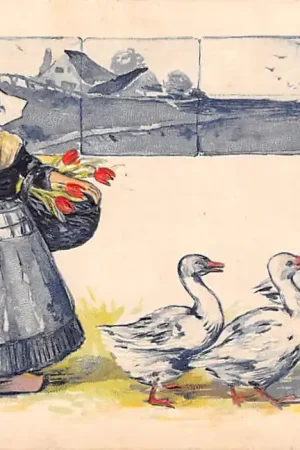 Fantasie Vintage Boerinnetje met tulpen en boertje met ganzen 1905 Reliëfkaart Klederdracht HC32739 Najlepsza cena