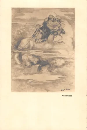 Fantasie Vintage Kind Kerstfeest De Kerstman met kinderen in zijn slee Illustrator Magda Hillen HC32365 Niska cena