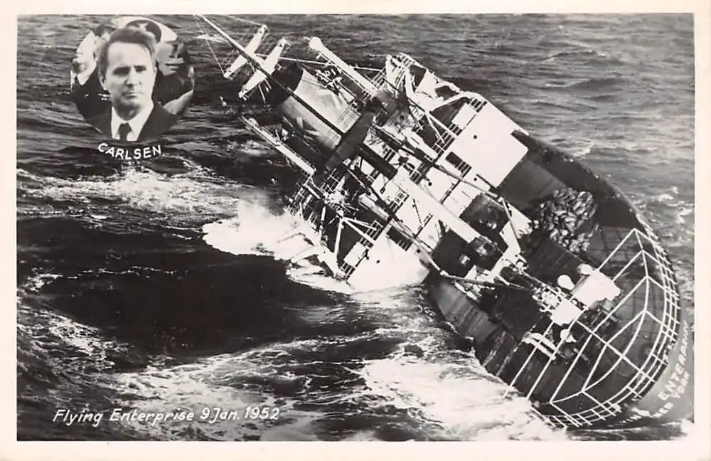 Scheepvaart Flying Enterprise Scheepsramp 9 Jan. 1952 70 graden slagzij Kaptein Carlsen nog steeds aan boord Schepen USA Noord-Amerika HC31464 Zamów teraz