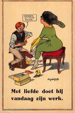 Fantasie Vintage Humor Cartoon Illustrator Donald Mc. Gill Schoenverkoper Met liefde doet hij zijn werkHC31176 Niska cena