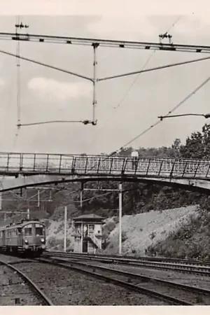 Bezpieczna płatność Baarn Spoorwegravijn met aankomende trein spoorbrug en seinhuisje 1951 Spoorwegen Treinen HC29359