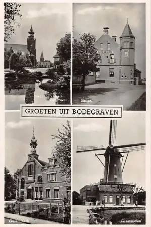 Bodegraven Groeten uit 1952 Ned. Herv. en Gereformeerde Kerk Station Graan molen HC29161 Oferta limitowana