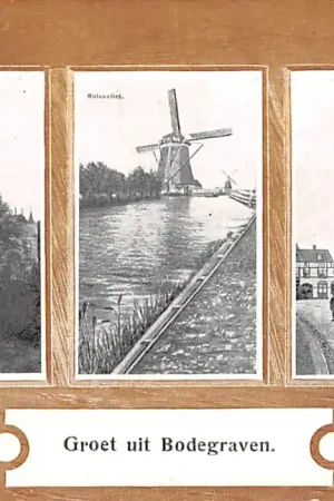 Bodegraven Groeten uit 1918 Spoorstraat met Gereformeerde Kerk Molenvliet met Molen Marktplein met N.H. kerk HC28752 Darmowa dostawa
