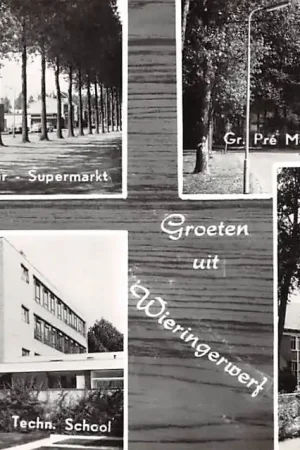 Wysoka jakość Wieringerwerf Brinkweg met Spar Supermarkt Technische School Gr. Pre Molierestraat R.K. Kerk Standbeeld de Maaier HC28710