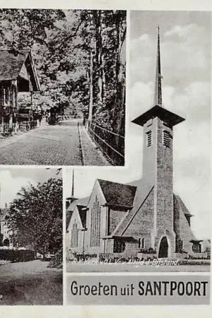Santpoort Groeten uit 1938 Molen Santhaas R.K. Kerk Huize Duin en Kruidberg en Wustelaan m. Zwitersche Boerderij Bloemendaal Haarlem HC28686 Wyprzedaż