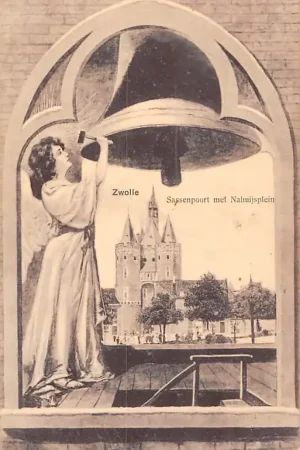 Autentyczny Zwolle Sassen poort met Nahuijsplein en klokkenluidster 1909 HC47720