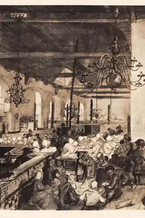 Utrecht Geertekerk 1855 Veenendaalsche vluchtelingen in het schip der kerk. Naar tekening van W.C. van Dijk Veenendaal HC53376 Zamów teraz