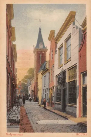 Autentyczny Gouda Kuiperstraat met Barbaratoren en rechts Logement HC38128