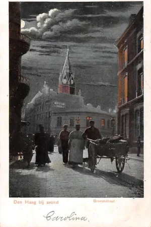 's-Gravenhage Den Haag bij avond Gravenstraat 1900 HC28233 Oryginalny